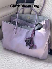 Tas Tote Hitam Kapasitas Besar, Tas Bahu Kasual Nilon, Tas Tangan Ringan untuk Perjalanan Komuter (Aksesoris Tidak Termasuk) - Purple - View 2