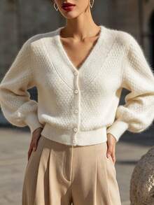 Women's Round Neck Solid Color Knit Cardigan - Long Sleeve, Single-Breasted - French Elegant Vintage Street Old Money Style Autumn/Winter White Fall - White - View 8