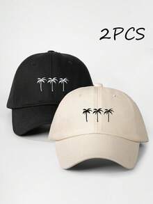 2pcs Unisex Printed 3 Coconut Trees Baseball Caps, Outdoor Adjustable Casual Hats - Black + Beige - View 5