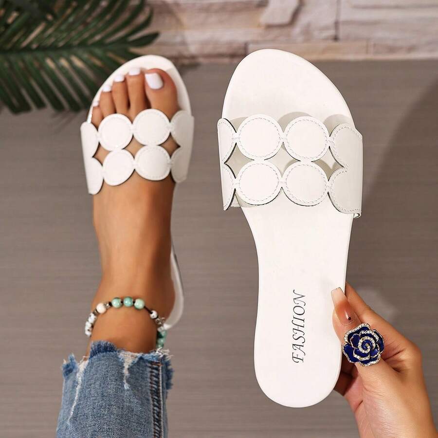 Women's Flat Slide Sandals, Summer Slip-On Casual Slippers, Gold Metallic Shiny Simple Versatile Open Toe Sexy Beach Slides, Hollow Round Flat Slip-On Sandals - White - View 1