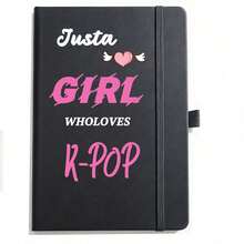 A5 Lined Notebook, Just A Girl Who Loves K-POP Journal, 96 Sheets 192 Pages PU Hardcover Writing Diary, Elastic Band Bookmark Notepad, Fans Gift - 1 PC Black - View 1