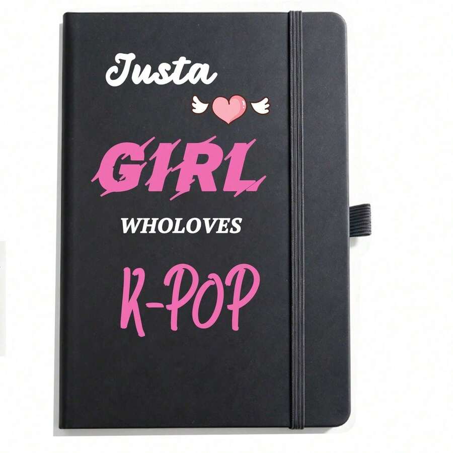 A5 Lined Notebook, Just A Girl Who Loves K-POP Journal, 96 Sheets 192 Pages PU Hardcover Writing Diary, Elastic Band Bookmark Notepad, Fans Gift - 1 PC Black - View 1