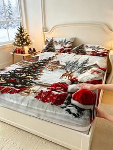 1PC Christmas Theme Fitted Sheet (Only Fitted Sheet, No Pillowcase), Santa Claus, Christmas Tree, Reindeer Print Fitted Sheet, Soft And Comfortable 100% Polyester Fabric, Suitable For Bedroom, Guest Room, School Dormitory Fitted Sheet, Easy To Remove And Machine Washable, All Season Mattress Protector - Multicolor - View 1