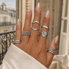 6pcs/Set Women's Silver Adjustable Open Rings, Daisy Flower, Snake, Heart, Twisted Chain, V-Shape Beaded Edge And Round Bead Braided Stackable Ring Set, French Vintage Versatile Hand Jewelry, Suitable For Daily Wear, Party And Gift - 6-piece Ring Set - View 4