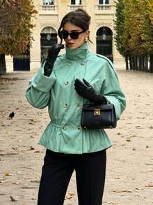 Fashionable Women's Light Green Regular Fit Trench Coat, Double-Breasted Design, Lapel Collar Long Sleeve, Versatile For Autumn - Mint Green - View 6