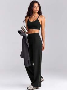 VUTRU 1pc Spaghetti Strap Mesh Patchwork Sports Bra Backless One-Piece Yoga Pilates Fitness Tank Top Black - Black - View 3