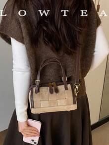 low tea 1pc Contrast Color Fashion Small Bucket PU Fabric Handbag With Adjustable Shoulder Strap, Suitable For Commuting, Shopping, Etc. - Light Khaki - View 11