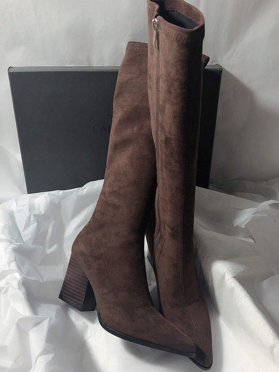 weiweiting French Vintage Style Pointed Toe Chunky Heel Tall Boots Women 2026 Autumn/Winter New Side Zipper High Boots Brown Holiday - Brown - View 1
