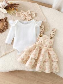 Infant Girls White Ribbed Crew Neck Flutter Sleeve Bodysuit + Double Layer Skirt Adjustable Button Five-Petal Flower Light Pink Dress + Headband 3-Piece Bodysuit Set - Multicolor - View 2