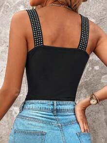 ChicMe Women's Square Neck Rhinestone Sleeveless Camisole, All-Match Versatile Slim Fit Shiny Tank Top - Black - View 2