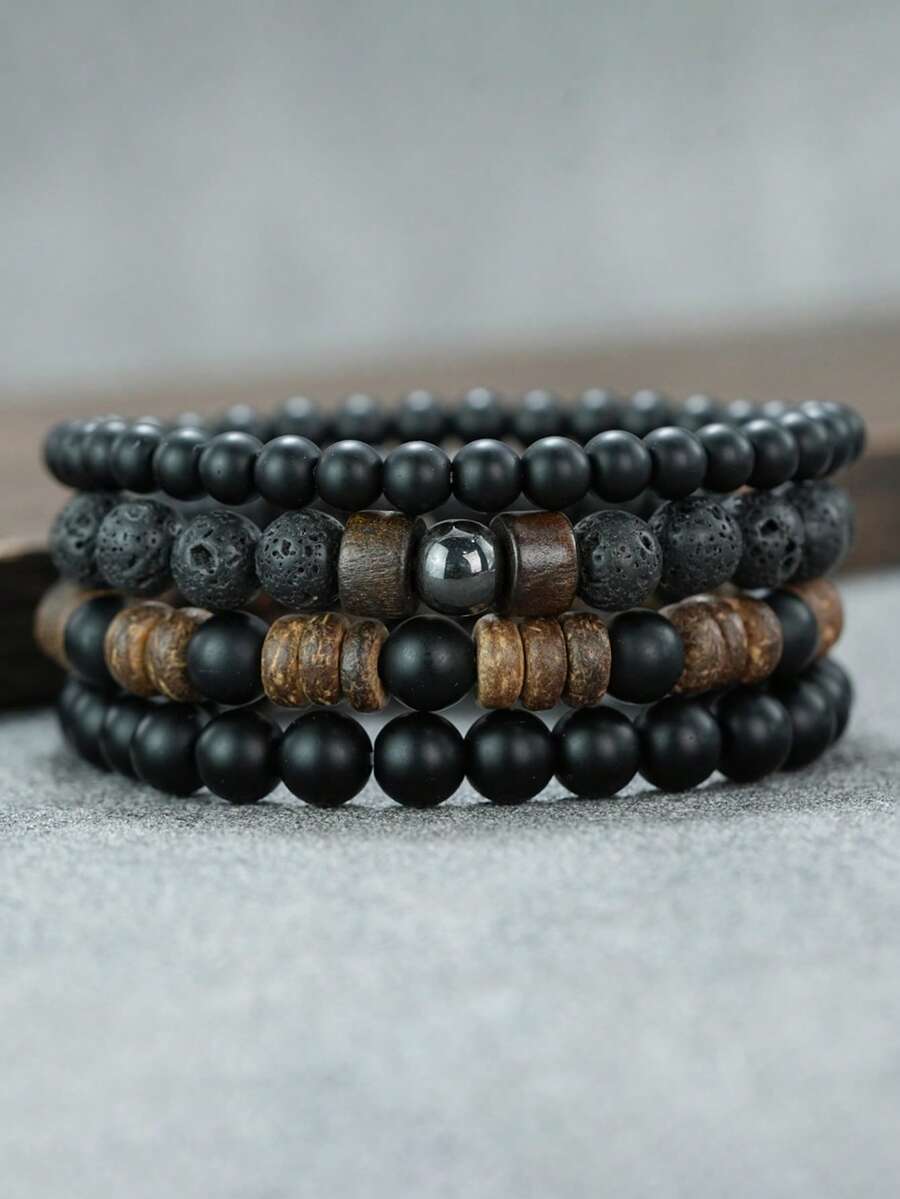 diffone 4 Pcs/Set Handmade Round Beaded Bracelet Antique Stone Set For Men Armband Wristband Jewelry - Men's Beaded Bracelet Set - View 1