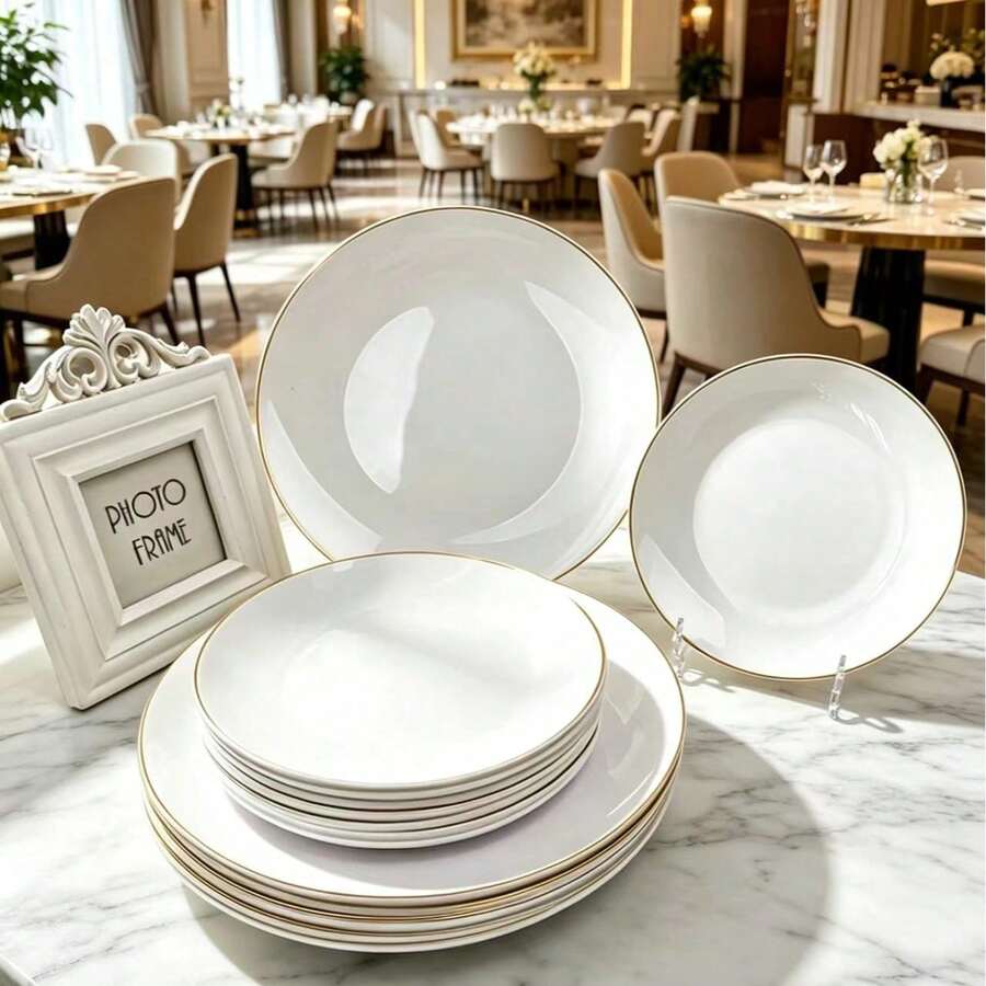 50/25/10/1pc Premium Gold Rim Plates, 7.5 Inch And 10.25 Inch, Modern Minimalist Style Gold Rim Round Plates, Suitable For Wedding Desserts, Appetizers, Parties, Halloween, Christmas, Banquets And Restaurant Use, High-End Tableware And Plates - C - View 1