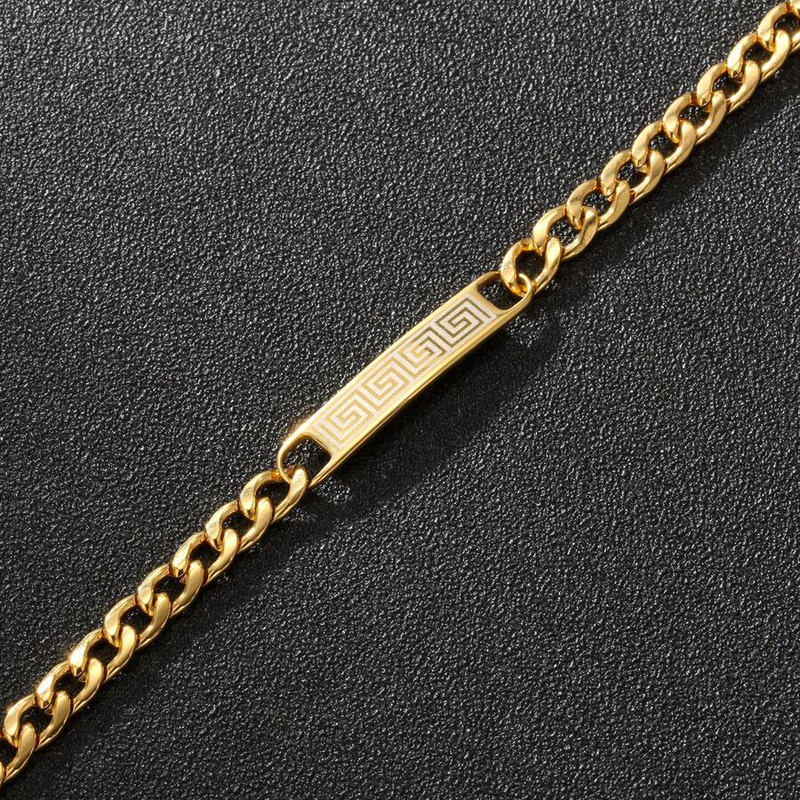 Cuban Chain Retro Pattern Long Plate Bracelet 18K Gold Plated/304 Stainless Steel Vintage Square Plate Minimalist Personalized Men's Bracelet - Palindrome - View 1