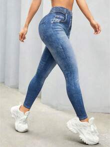 Women's Autumn/Winter Elastic 3D Denim Print Skinny Leggings With Faux Pockets, Suitable For Daily Wear, School, Graduation And Outings - Medium Wash - View 8