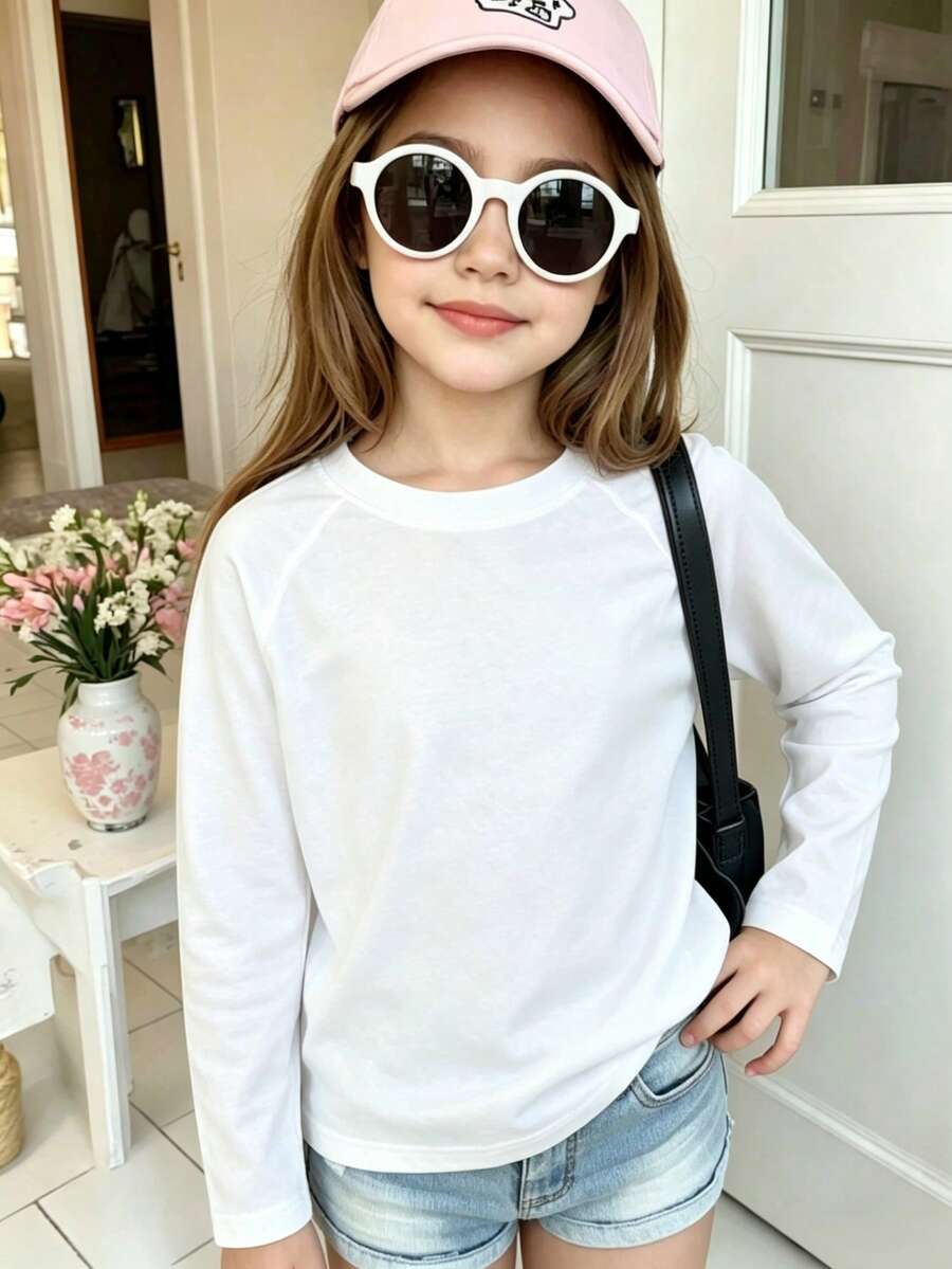 Autumn/Winter Ribbed Cotton Long Sleeve Top For Girls, Casual Sporty College Style - White - View 1