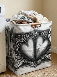 1PC Storage Basket, Laundry Hamper, Washing Basket, Storage Bucket, Heart‑Pattern Printed Design, Storage Basket With Wooden Handle, Foldable Multi‑Purpose Storage Bin, For Daily Clothes Storage & Organization - Multicolor - View 4