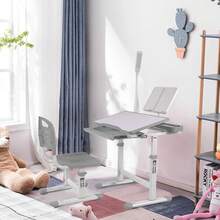 Juego de computadora y silla para niños, mesa de dibujo de altura ajustable con inclinación de 40 grados, luz LED, soporte para libros, color gris - Gris - Ver 1