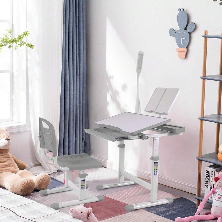 Juego de computadora y silla para niños, mesa de dibujo de altura ajustable con inclinación de 40 grados, luz LED, soporte para libros, color gris - Gris - Ver 1