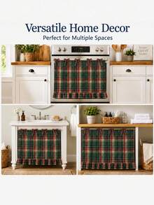 Vintage Plaid Oven Curtain, Burgundy Fabric Tie-Back With Ruffle Edge, Oil-Resistant Kitchen Layered Curtain, Stove, Cabinet And Small Window Decorative Cover, Country Farmhouse Christmas Kitchen Decor - Green - View 5