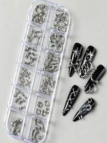 12pcs Punk Y2K Nail Piercing Decor Set 3D Metal Silver Mixed Style C-Ring Star Safety Pin Spike Barbell Rivet DIY Gothic Cool Nail Art Decoration For Women - Multicolor - View 9