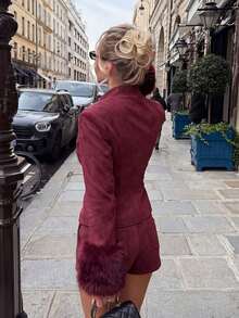Women's Stand Collar Frog Button Faux Suede Jacket, Artificial Fur Cuffs Long Sleeve Slim Fit Short Coat - Burgundy - View 4