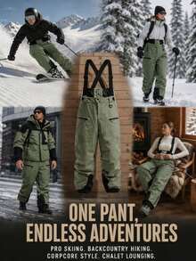 1pc Men's Detachable Bib Ski Pants, Cross Adjustable Shoulder Straps With High Waist Snow-Proof Design, Dual Side Zipper Storage Pockets, Inner Thigh Ventilation Zipper, Adjustable Hem Zipper, Waist Snow Skirt Structure, Reinforced Stitching, Loose Straight Fit, Single/Double Board Outdoor Snow Sports Bib Pants - Army Green - View 6