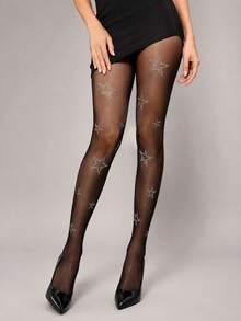 1 Pair Sheer Star Print Tights – Shiny Minimalist Style. Thin Lightweight Pantyhose For Spring/Summer, Sexy & Comfy For Daily. - Multicolor - View 1