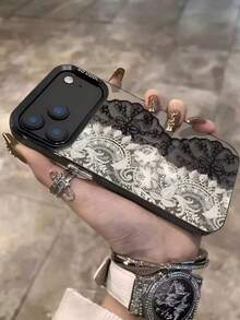 Black‑White Contrast Lace Floral Print Phone Case Compatible With Iphone, Semi‑Transparent Mirror‑Like Back Panel, Retro Spliced Black And White Lace Flower Pattern, Large View Black Camera Protective Frame, Letter Print On Side Edge,Great For Daily Dating Party Holiday Gifting, Compatible With IPhone11 12 13 14 15 16 17 Pro & Pro Max, IPhonePhone Case, IPhone17 Case, Aesthetic Smartphone Case - Black - View 2