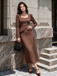 Women's Autumn Polka Dot Midi Dress, Square Neck Long Sleeve Ruffle Waist Mermaid Hem Dress - Brown - View 3