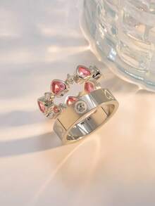 2 Buah Cincin Hati Stainless Steel, Set Cincin Gaya Dopamin, Cocok untuk Pemakaian Sehari-hari Wanita - Perak - View 8