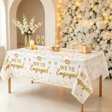 Disposable Plastic Table Cover 1/3‑Pack, White Tablecloth With Gold We're Engaged Slogan, Rings, Fireworks And Glitter Confetti Pattern, Table Decor For Engagement Party, Bridal Shower, Wedding Reception And Holiday Celebration Decorations, 108*54' - Proposal Tablecloth - View 3