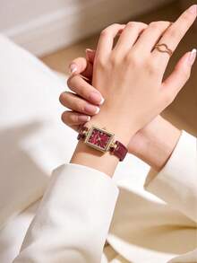 1件女款方形珠飾石英手錶，金/銀色合金錶殼，黑/紅/灰色PU錶帶，復古優雅女士禮品手錶 - 紅色 - 查看 6