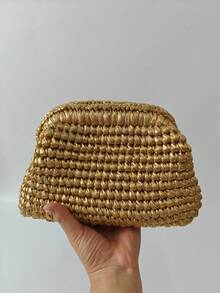 1pc Metallic Crochet Women's Clutch Bag, Elegant Handmade Knitted Snap Closure Handbag, Cosmetic Bag, Bags Ladies Elegant, Straw Bag - Multicolor - View 10