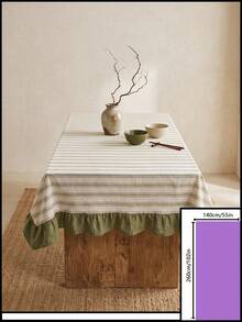 1pc Beige Base Green Fine Stripe & Olive Green Ruffle Edge Tablecloth, Fresh Natural Style Fabric Rectangular Tablecloth With Olive Green Ruffle Edge Patchwork Detail, Decorative & Functional For Daily Home Dining And Fresh Home Decor - Multicolor - View 12
