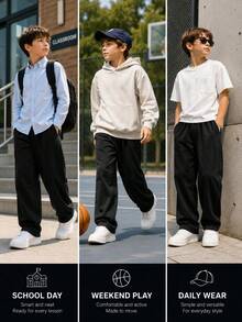 Tween Boy Casual Minimalist Versatile College Style Black Long Pants With Diagonal Pockets, Suitable For Vacation, Travel, Sports, School And Daily Wear - Black - View 6