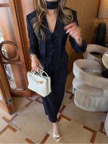 Elegant Minimalist Holiday Party Commute Daily Business Long Sleeve Waist Fitted Suit Matching Midi Skirt Women's Co-Ord Sets, Autumn Fall - Navy Blue - View 5