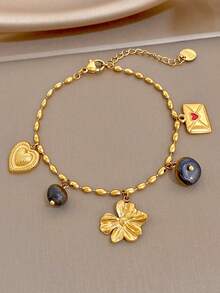Brazalete elegante vintage de acero inoxidable para mujer, con cuentas de ojo de tigre natural, corazón de esmalte, dijes de letra y flor, joyería dorada, adecuado para uso diario, fiesta, regalo de Navidad/Cumpleaños/Día de San Valentín, Y2K/Carnaval/Halloween, estilo bohemio - Multicolor - Ver 7