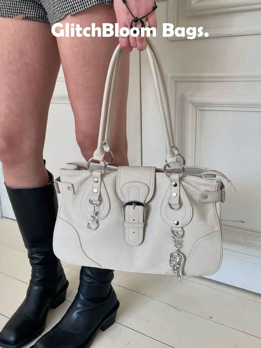 Tas Bahu Kapasitas Besar Gaya Punk Y2K, Tas Tangan Kulit Sintetis dengan Dekorasi Paku Keling & Gesper, Tas Tote Streetwear Gothic untuk Wanita (Tidak Termasuk Liontin atau Stiker)
