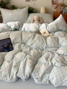 Light Blue Cute Rabbit Polka Dot Duvet Cover Set, Comfortable Bedding, Cute Bow Star Rabbit Pattern, Includes 1*Duvet Cover+1*Bed Sheet+2*Pillowcases, Zipper Design, Fresh Student Dorm Bedroom Boy Girl Home Decor, No Filling - Baby Blue - View 4