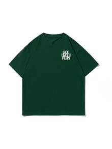 Kaos Lengan Pendek Kasual Unisex Musim Panas dengan Motif Berlapis dan Slogan Bahasa Inggris | Atasan Longgar yang Nyaman - Dark Green - View 6