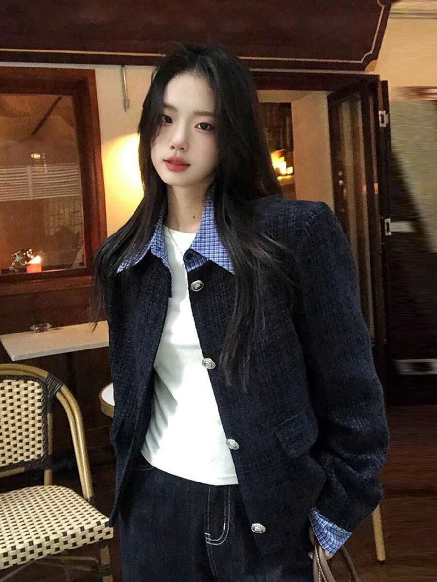 Women's Colorblock Single-Breasted Casual Versatile Daily Long Sleeve Jacket - Navy Blue - View 1