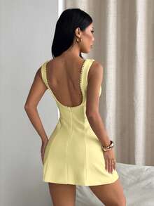 Elegant Sleeveless Mini Dress With Pearl Edge U Back, Slim Fit Flare Hem Short Dress, Daily Commute Birthday Dinner Clubwear Wedding - Yellow - View 2