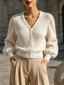 Women's Round Neck Solid Color Knit Cardigan - Long Sleeve, Single-Breasted - French Elegant Vintage Street Old Money Style Autumn/Winter White Fall - White - View 4