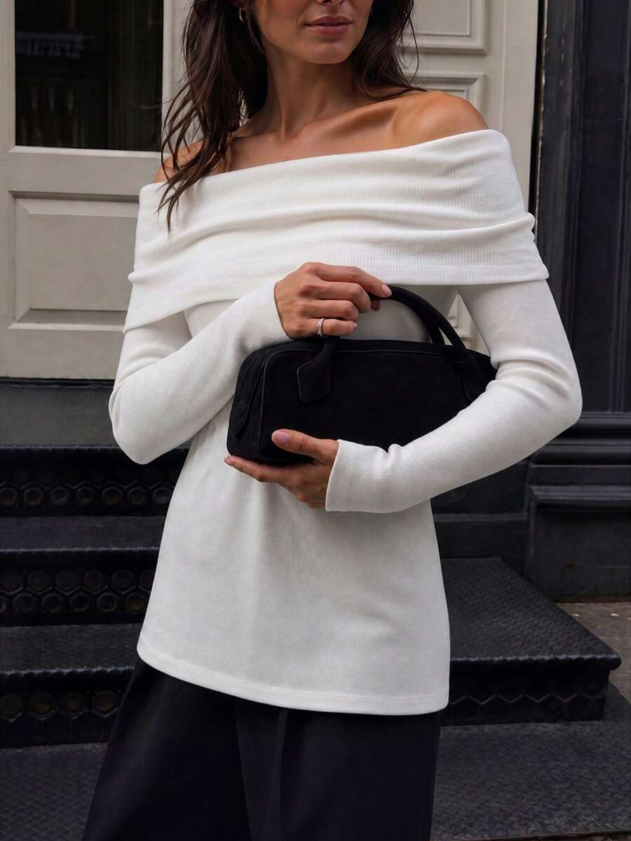 HoloChill Women's Young Influencer Casual Style White Off-Shoulder Knit Pullover, Long Sleeve Ribbed Knit Top, High Elastic Fabric, Casual Wear Pullover Fall Casual 2026 New Arrival Fall Sweater, Women's Elegant Outfit For Going Out, Back To School Homecoming Fall/Winter French - White - View 1