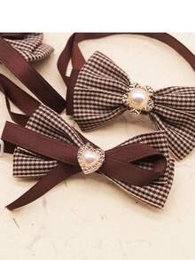 2/6Pcs Vintage Houndstooth Pearl Pet Bow Ties, British Style Adjustable Ribbon Collar Decor For Small & Medium Dogs & Cats, Pet Photoshoot Props For Daily & Party, Sweet Gifts For Pet Birthday, Valentine's Day & Christmas - Multicolor - View 6