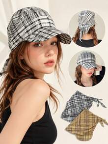 1 pieza Sombrero de sol de ala ancha a cuadros para mujer, gorra de béisbol plegable con abertura para coleta, sombrero de sol de verano con protección UV para exteriores, pañuelo de moda bordado - sombrero de pescador - Ver 1