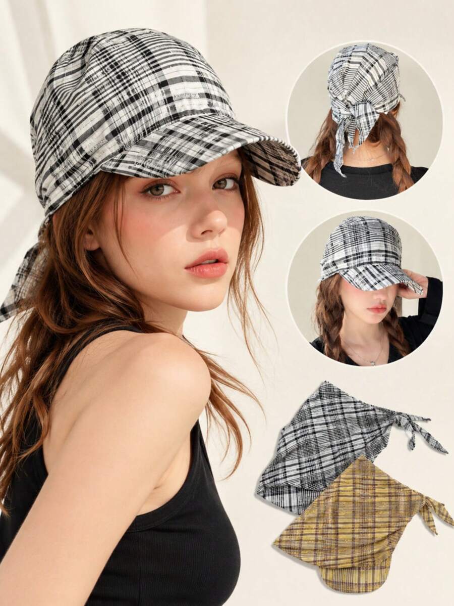 1 pieza Sombrero de sol de ala ancha a cuadros para mujer, gorra de béisbol plegable con abertura para coleta, sombrero de sol de verano con protección UV para exteriores, pañuelo de moda bordado - sombrero de pescador - Ver 1