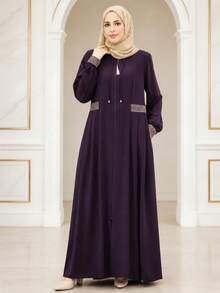Bata larga maxi de color púrpura oscuro con cremallera delantera, estampado geométrico, detalles en puños y cintura, manga larga holgada, bata casual de vacaciones para otoño - Morado - Ver 2