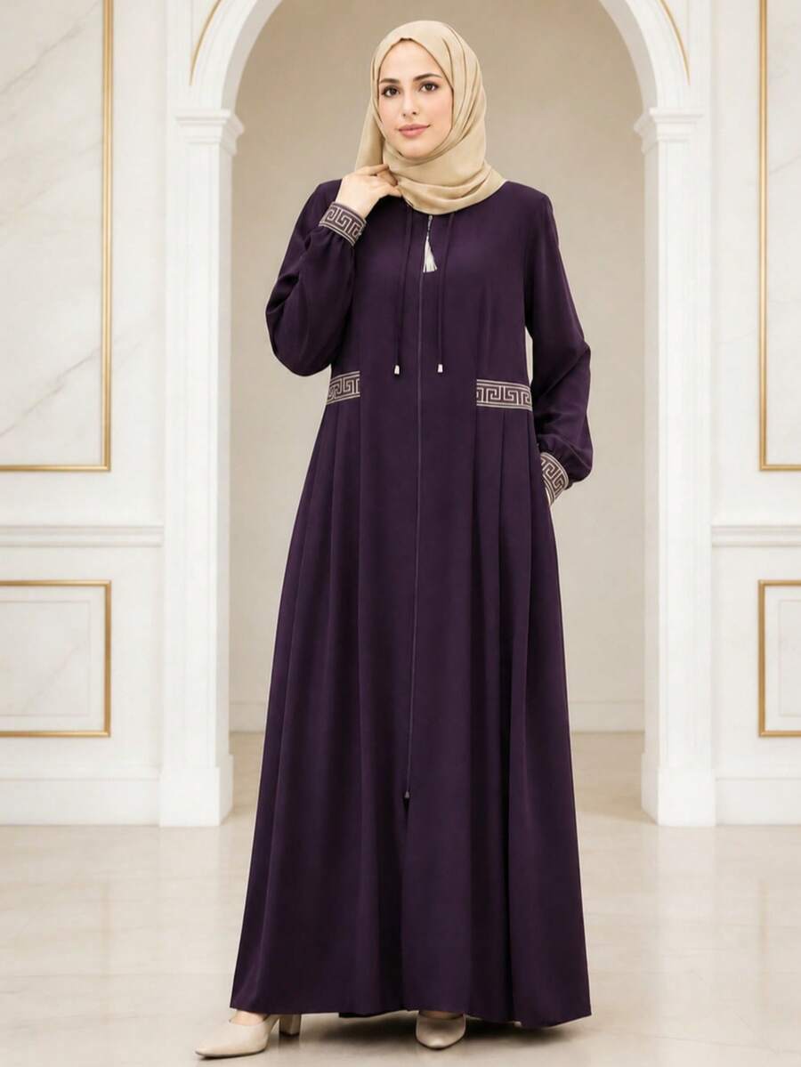 Bata larga maxi de color púrpura oscuro con cremallera delantera, estampado geométrico, detalles en puños y cintura, manga larga holgada, bata casual de vacaciones para otoño