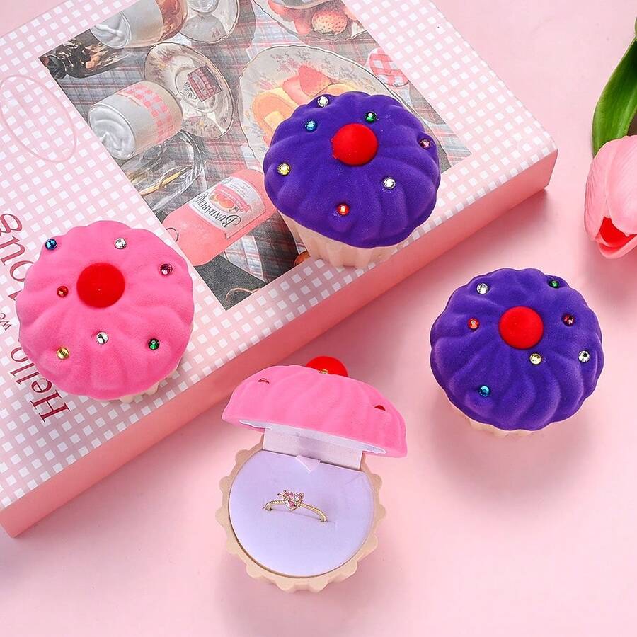 1 Pc Exquisite Cake Velvet Jewelry Box Shiny Crystal Ring Container Wedding Ring Boxes For Earrings Necklace Bracelet Display Gift Box Holder - Multicolor - View 1